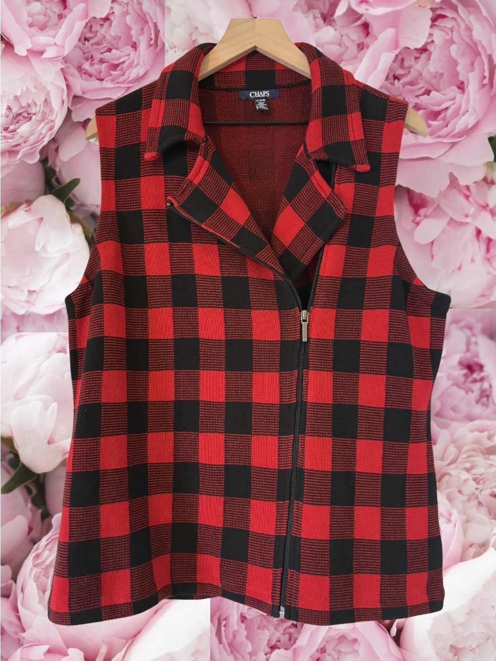Chaps Red and Black Buffalo Plaid Zip-Up Vest